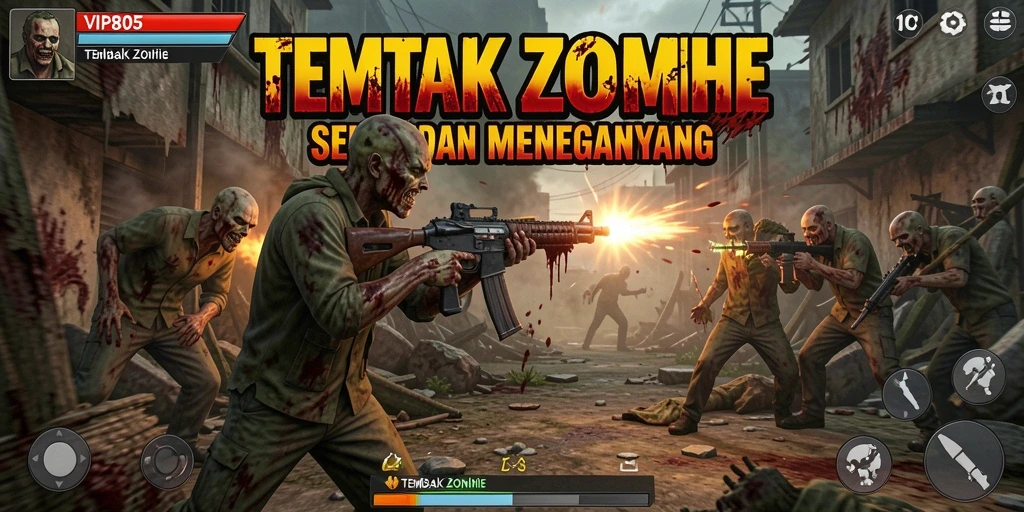 Tampilan antarmuka menembak zombie yang seru dan interaktif.
